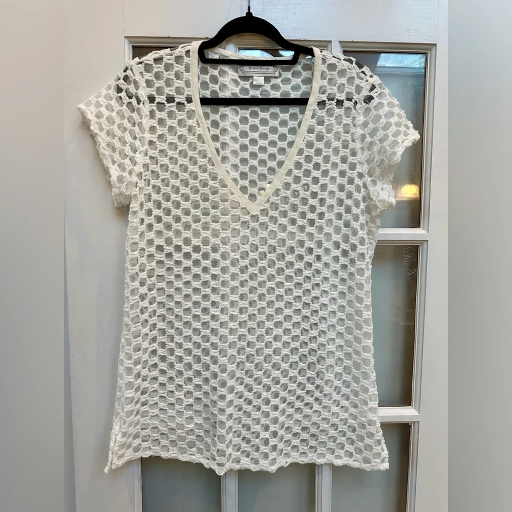 Beyond Vintage Y2K V-Neck Open Crochet Mesh Knit Short Sleeve Top Size Large L - Picture 9 of 9
